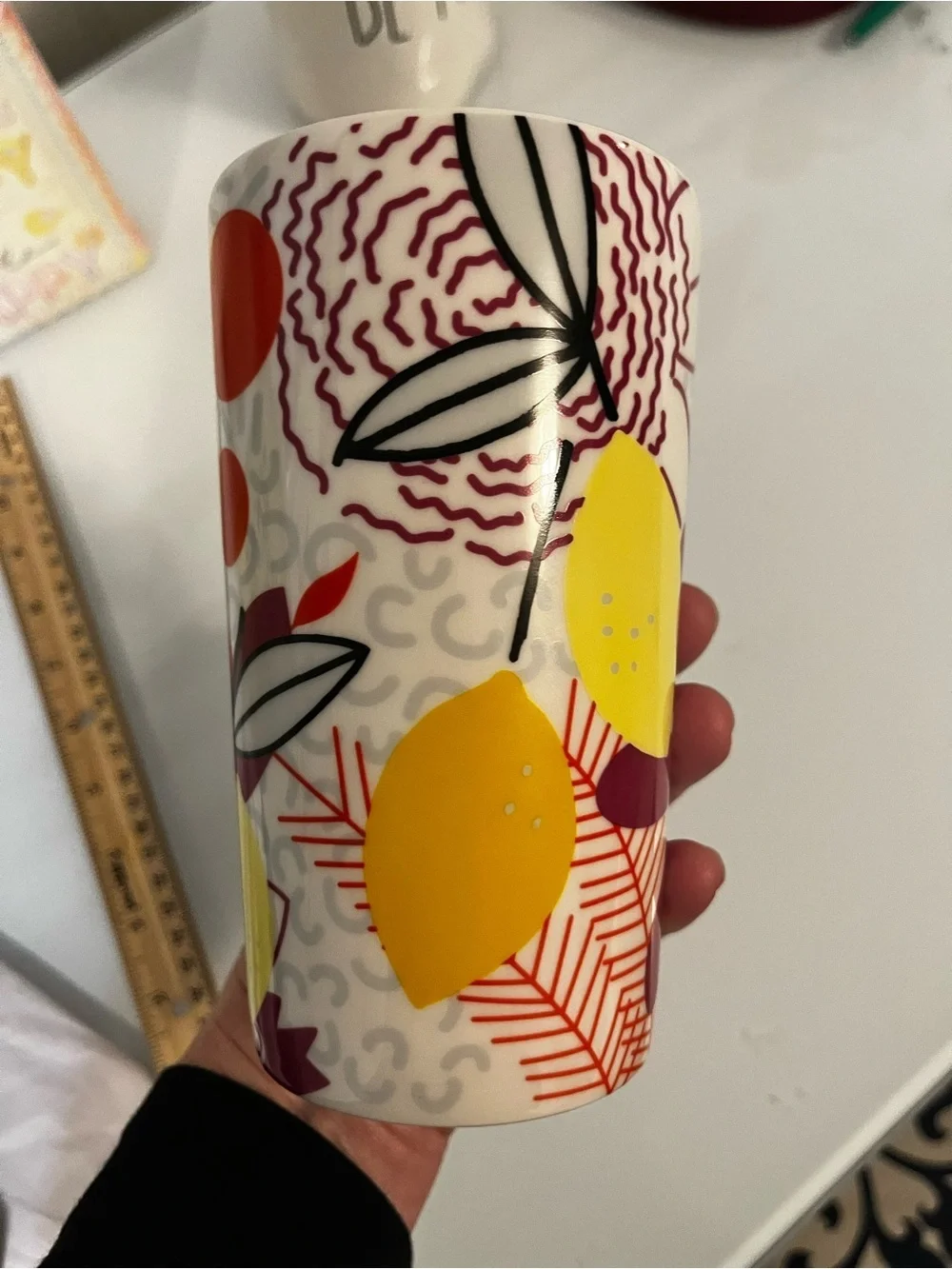 Starbucks Yellow & Burgundy Floral Logo Mug